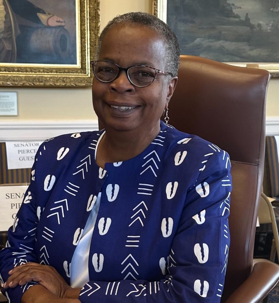 Sen. Duson in her chair on the floor of the Maine Senate Chamber.