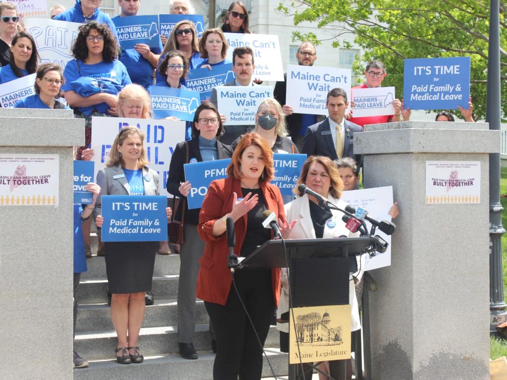 Sen. Daughtry and Rep. Cloutier speak at a press conference to introduce their Paid Family and Medical Leave bill on Thursday, March 25.